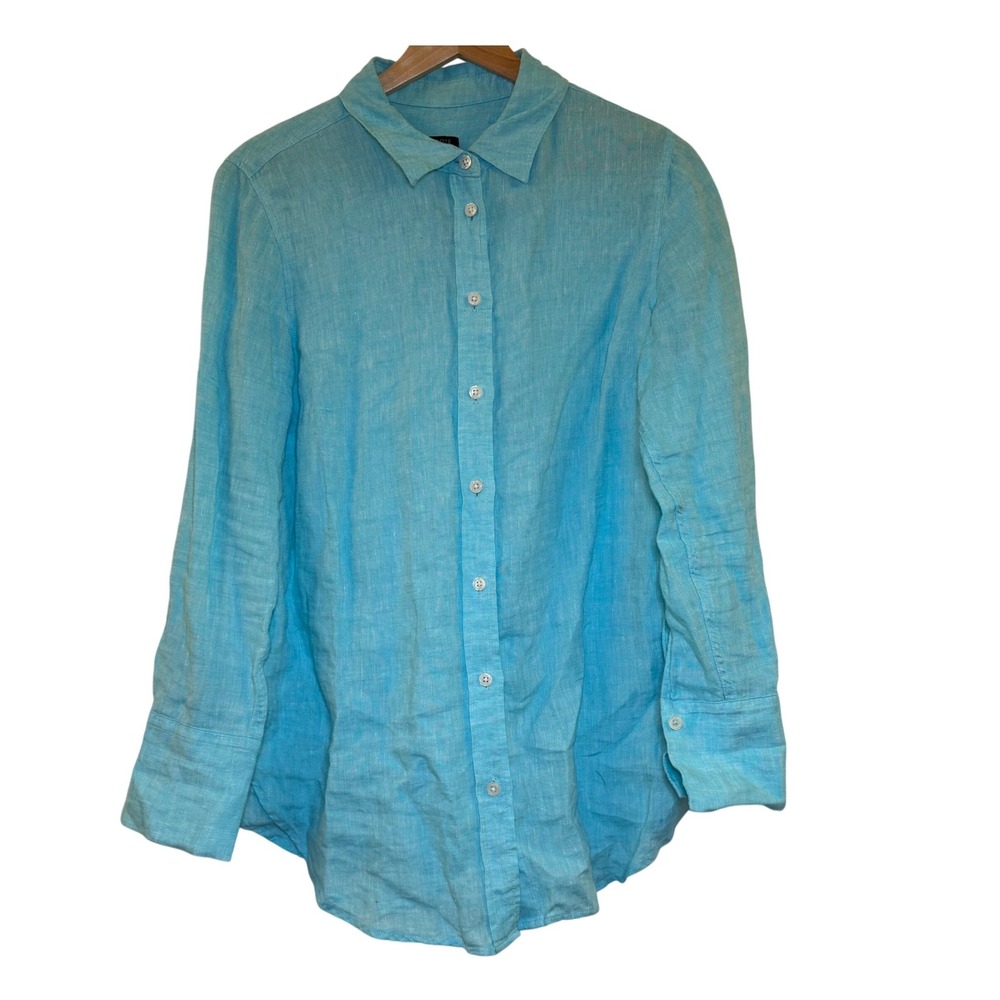 Talbots Petite Medium Turquoise Blue 100% Linen‎ Button Down Shirt Long Sleeve